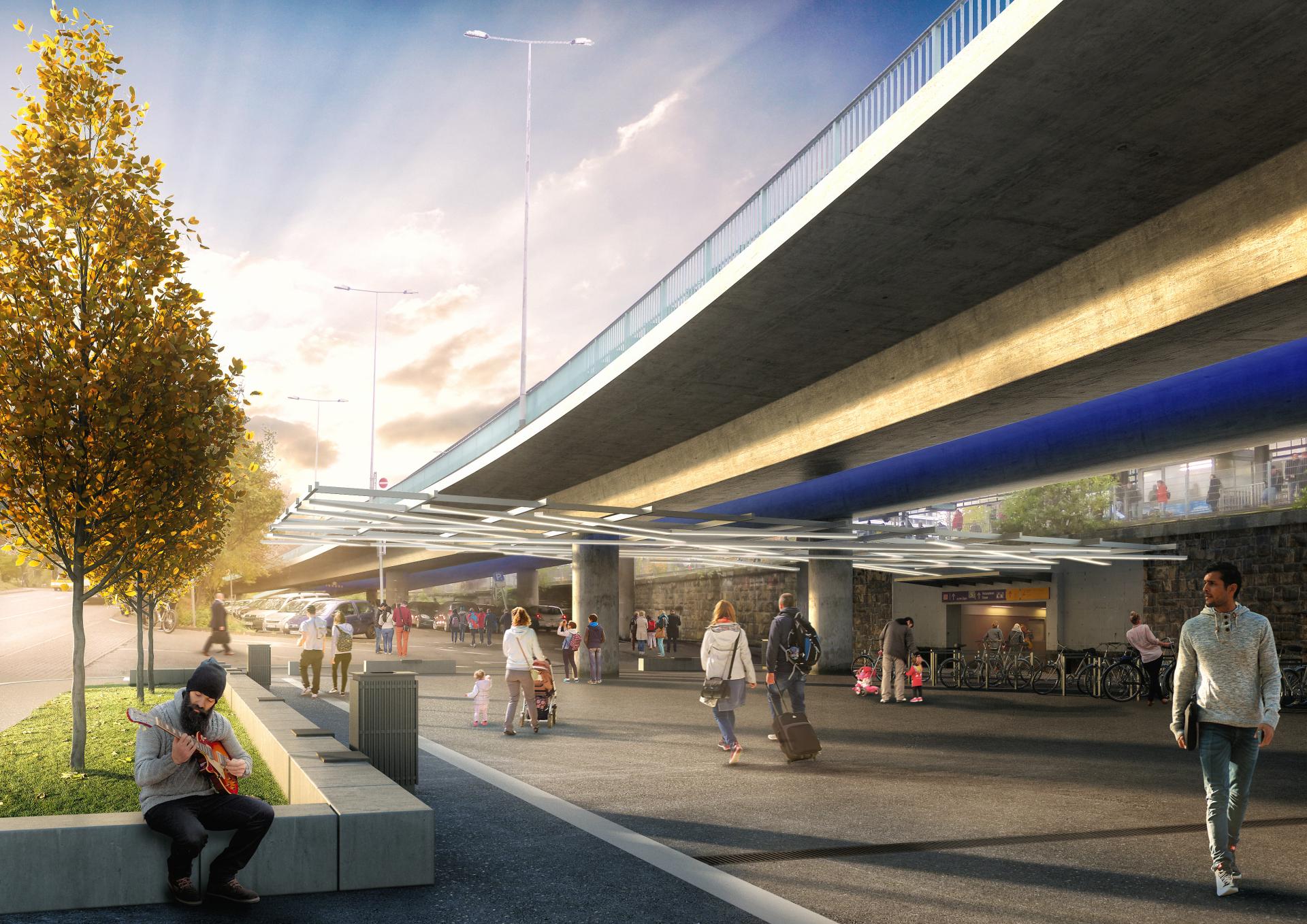 Visualisierung des umgestalteten Bahnhofsvorplatz mit Lichtinszenierung