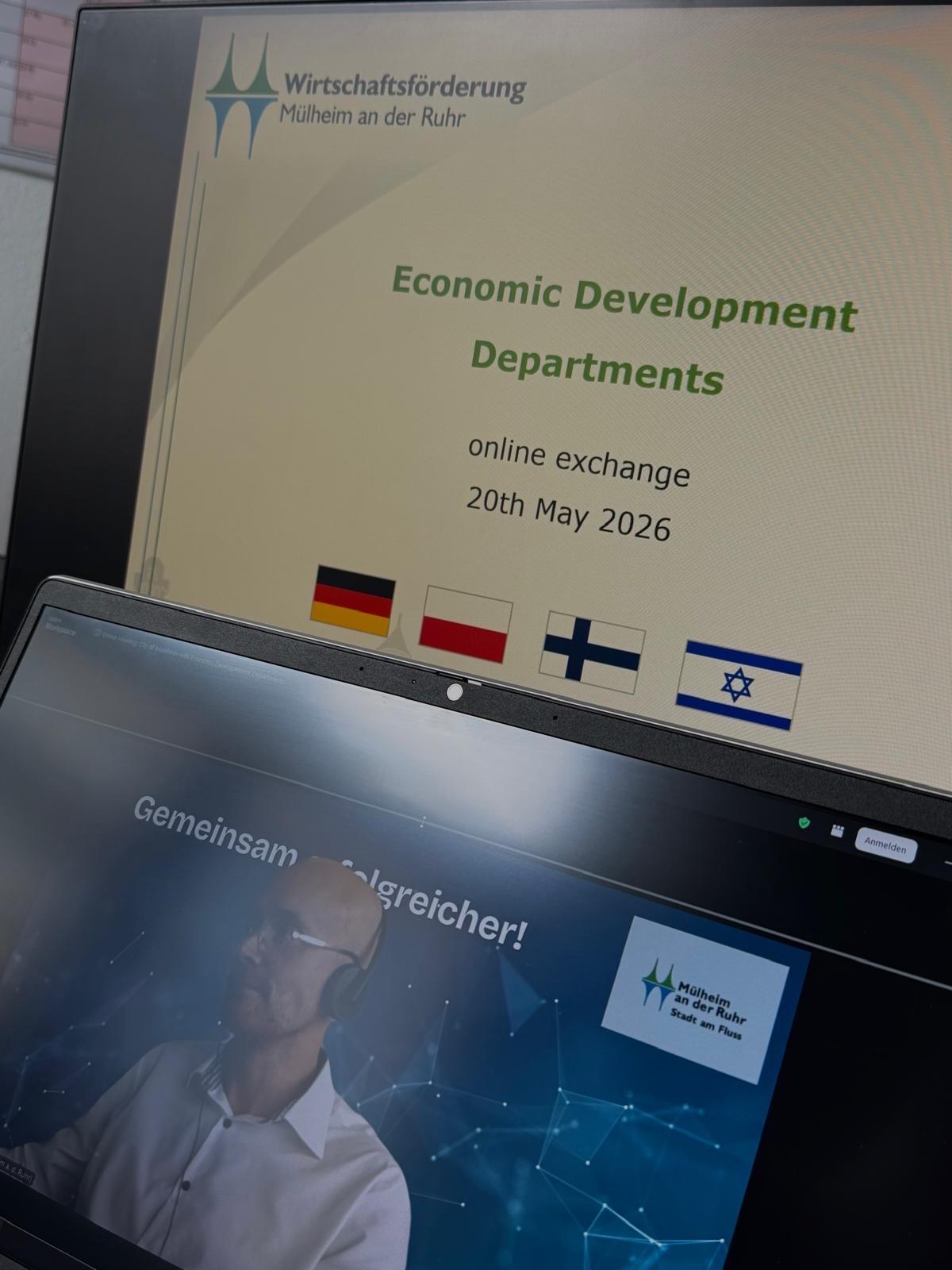 Die Wirtschaftsförderungen aus Mülheim an der Ruhr und den Partnerstädten Opole, Kfar Saba sowie Kouvola haben sich in einem ersten digitalen Treffen über gemeinsame Zukunftsthemen und mögliche Kooperationen ausgetauscht.