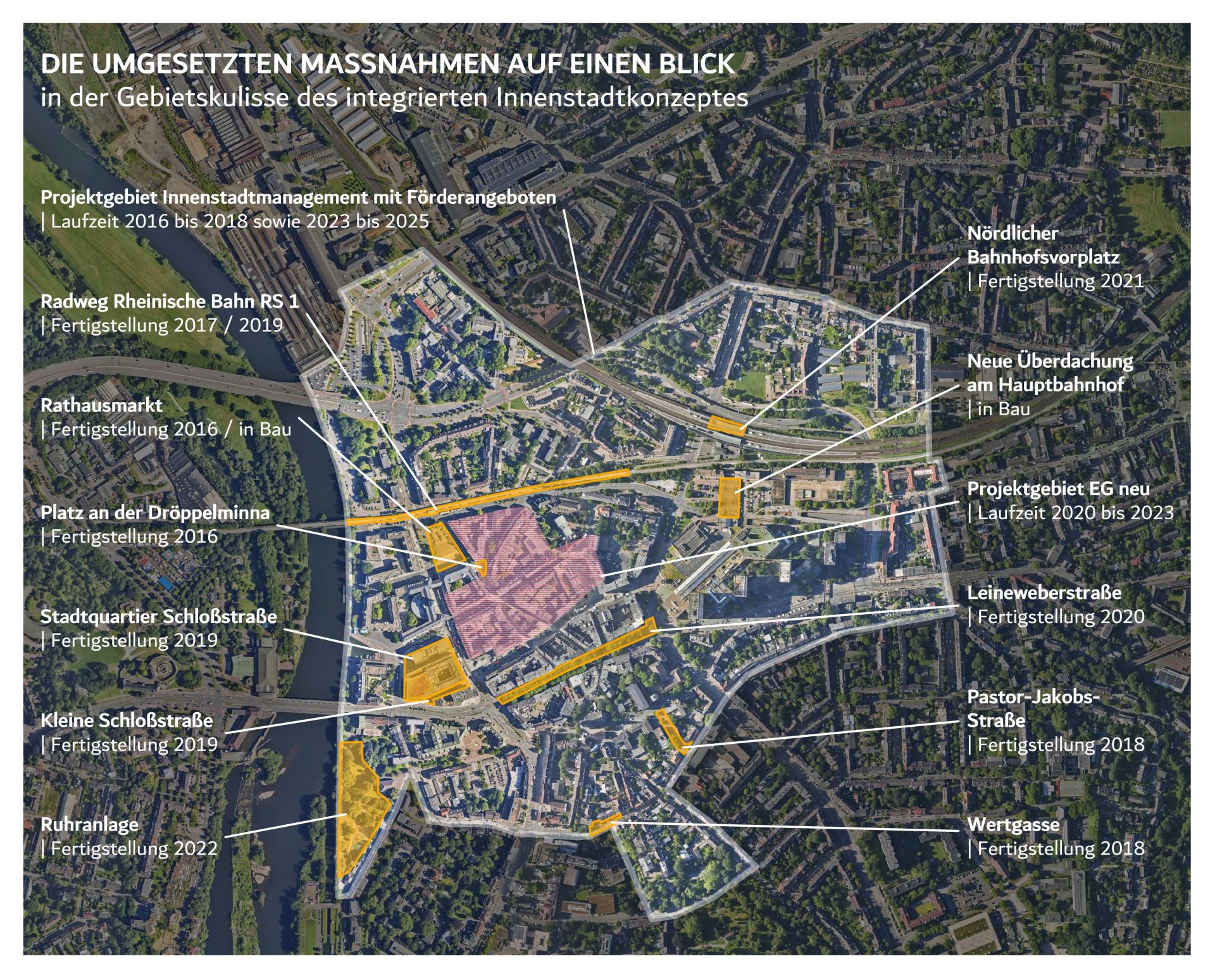 Übersichtskarte der umgesetzten Fördermaßnahmen in der Innenstadt von 2016 bis 2026