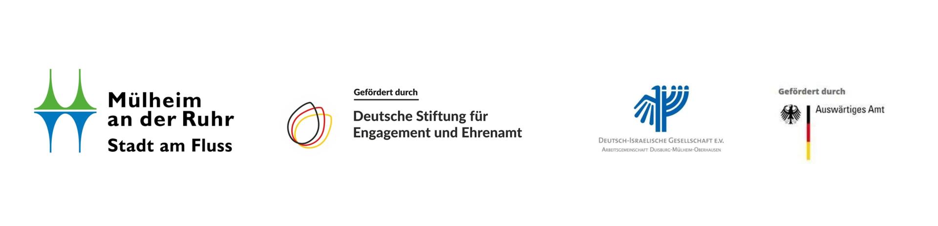 Logos der Förderer der Ausstellung "Verbindung – חיבור": Stadt Mülheim an der Ruhr, Deutsche Stiftung für Engagement und Ehrenamt, Deutsch-Israelische Gesellschaft e.V., Auswärtiges Amt