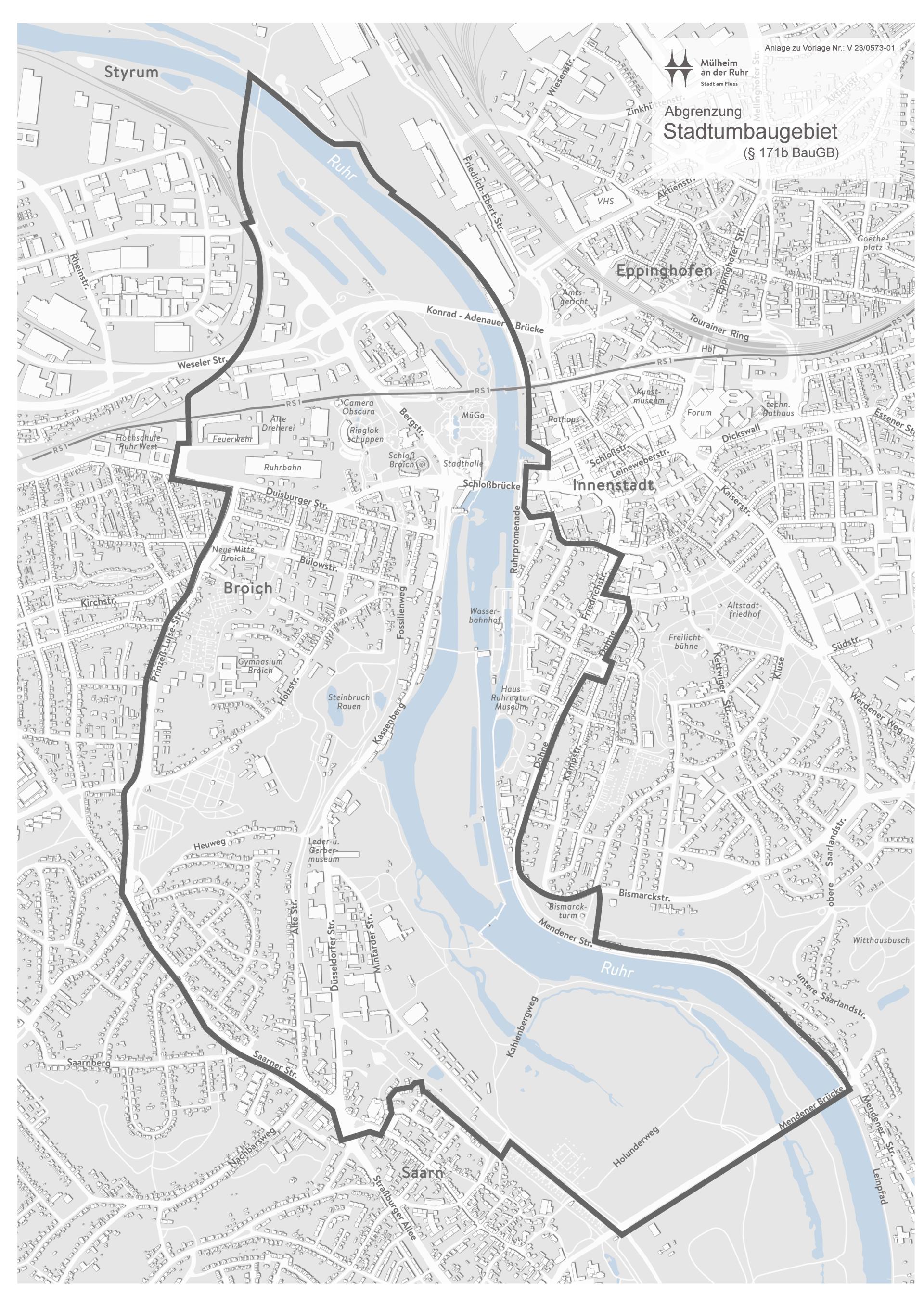 Stadtplan von Mülheim mit der Innenstadt, Broich, Saarn. Es wird die Abgrenzung des Stadtumbaugebietes gezeigt.