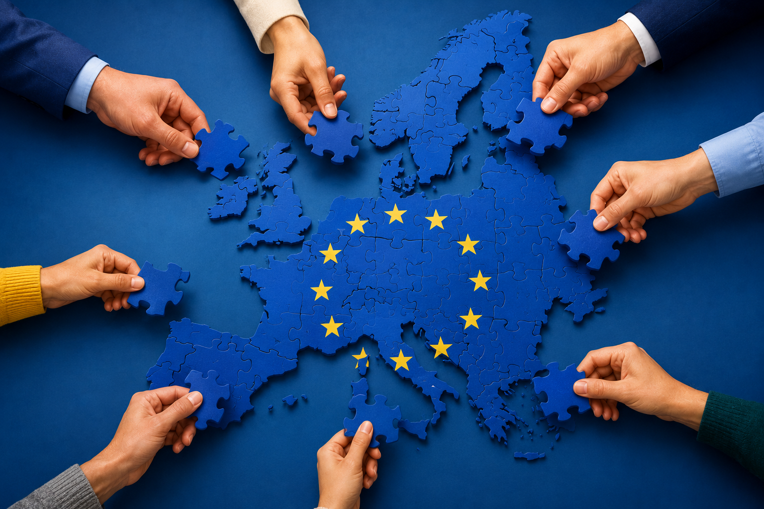 Viele Hände, die eine Zusammenarbeit über Grenzen hinweg in Europa demonstrieren.