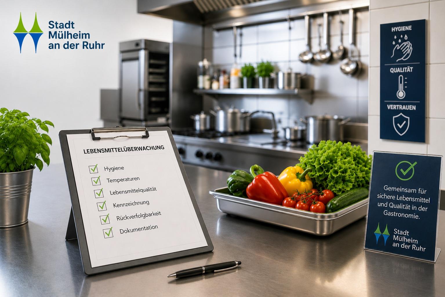 Gastroküche, Obst und Gemüse in Schale, Aufsteller mit Checkliste, 