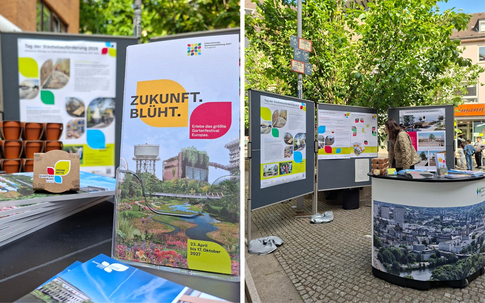die beiden Fotos zeigen den Stand des Quartiersbüros beim Tag der Städtebauförderung, es werden Flyer zur IGA gezeigt und Stellwände mit Informationsplakaten