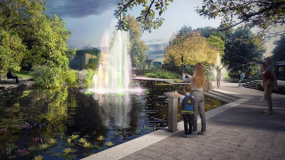 Das Foto zeigt eine Visualisierung der neuen Teichanlage in der MüGa mit einer neuen Brunnentechnik, die Fontänen im Teich können von Besuchenden gesteuert werden
