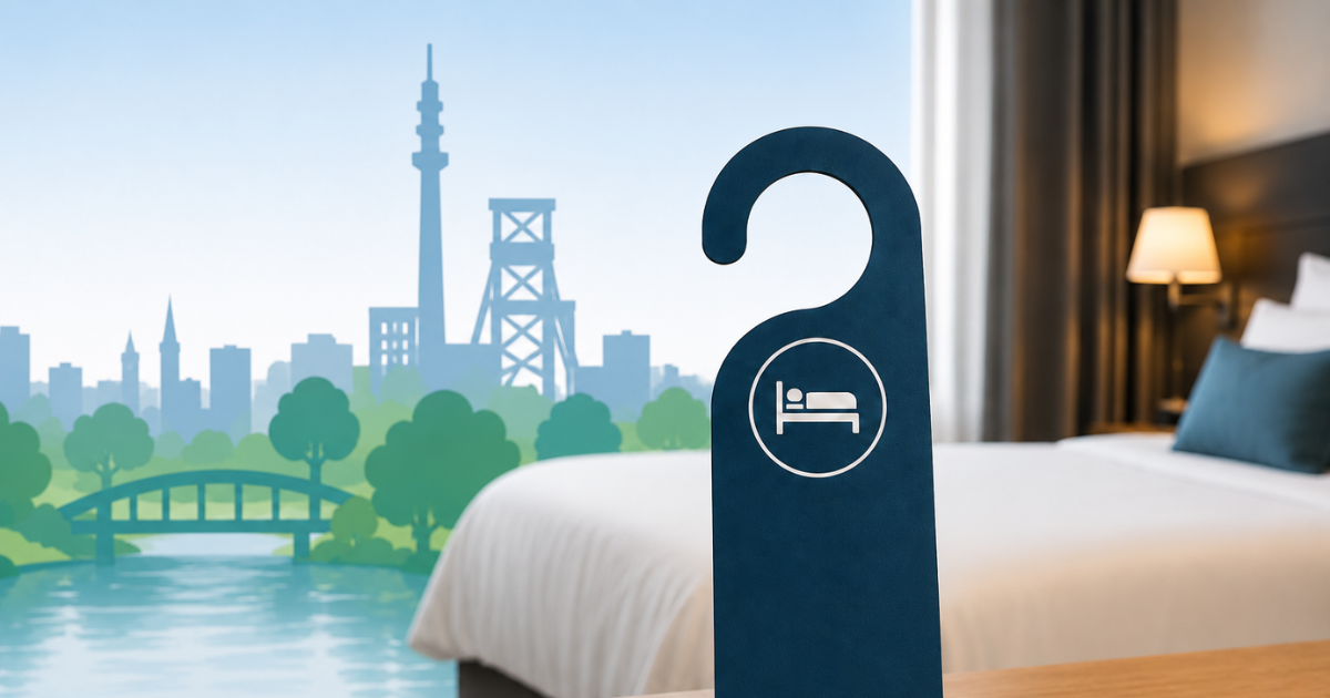Ein Türanhänger mit Bett-Symbol steht im Vordergrund eines Hotelzimmers. Das Bild symbolisiert Beherbergung und Übernachtungen.