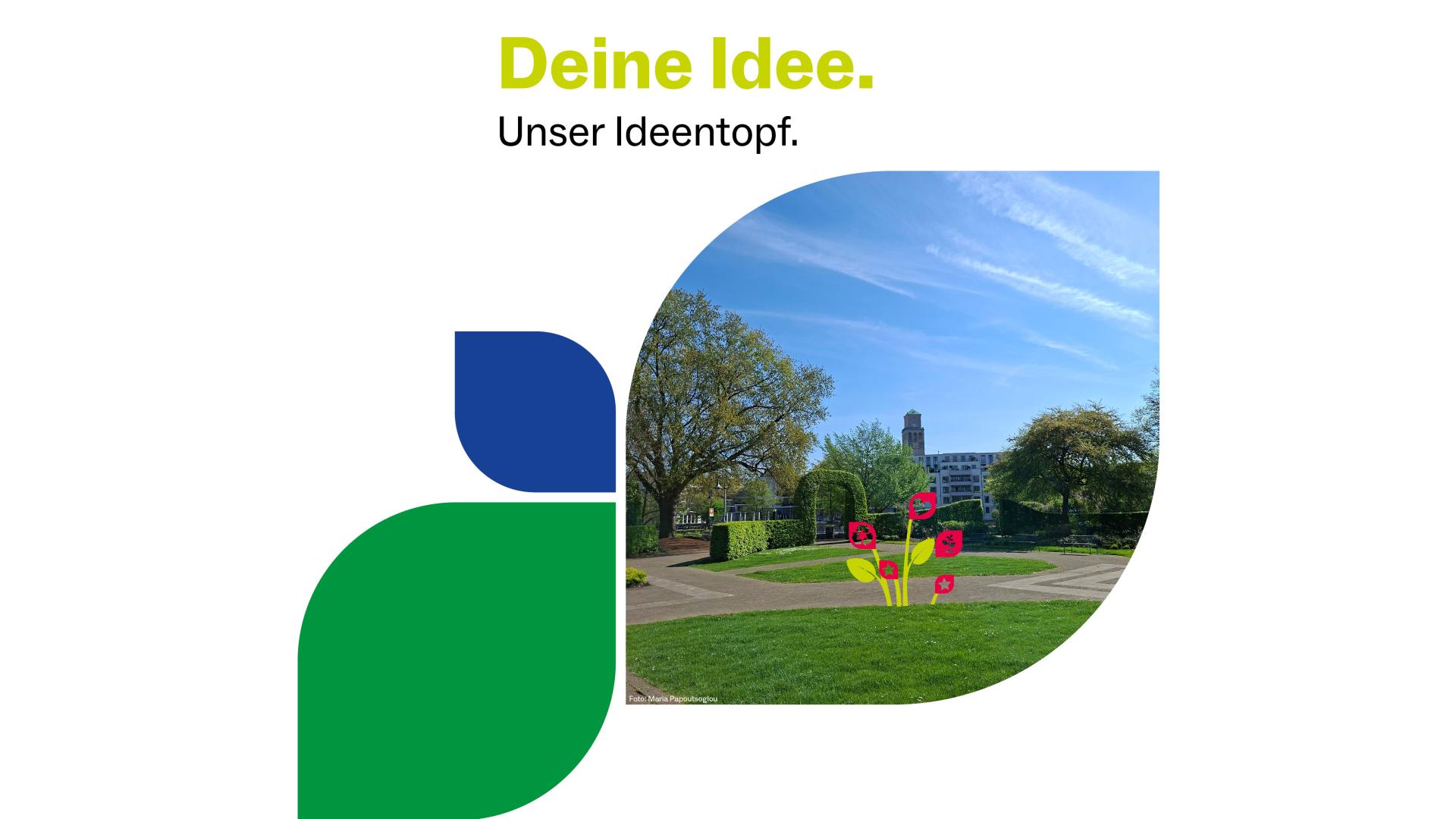 Das Foto zeigt Blütenblätter, in einem ist eine Wiese zu sehen, auf dem ein Piktogramm ist, es sieht so aus, als würden Blumen aus der Wiese wachsen