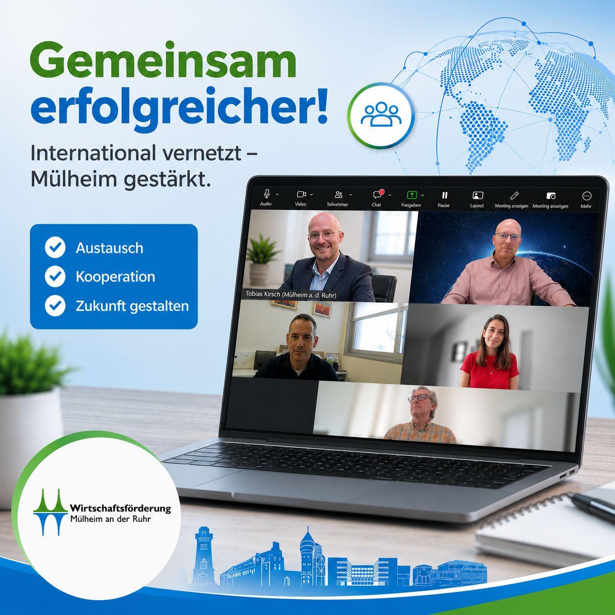 Die Wirtschaftsförderungen aus Mülheim an der Ruhr und den Partnerstädten Opole, Kfar Saba sowie Kouvola tauschen sich in digitalen Treffen über gemeinsame Zukunftsthemen und mögliche Kooperationen aus (Von links nach rechts, obere Reihe: Tobias Kirsch (Wirtschaftsförderung Mülheim), Sami-Pekka Kalliokoski (Kouvola); mittlere Reihe: Dan Manor (Kfar Saba), Noa Etgar (Kfar Saba), untere Reihe: Janne Viitamies (Kouvola).