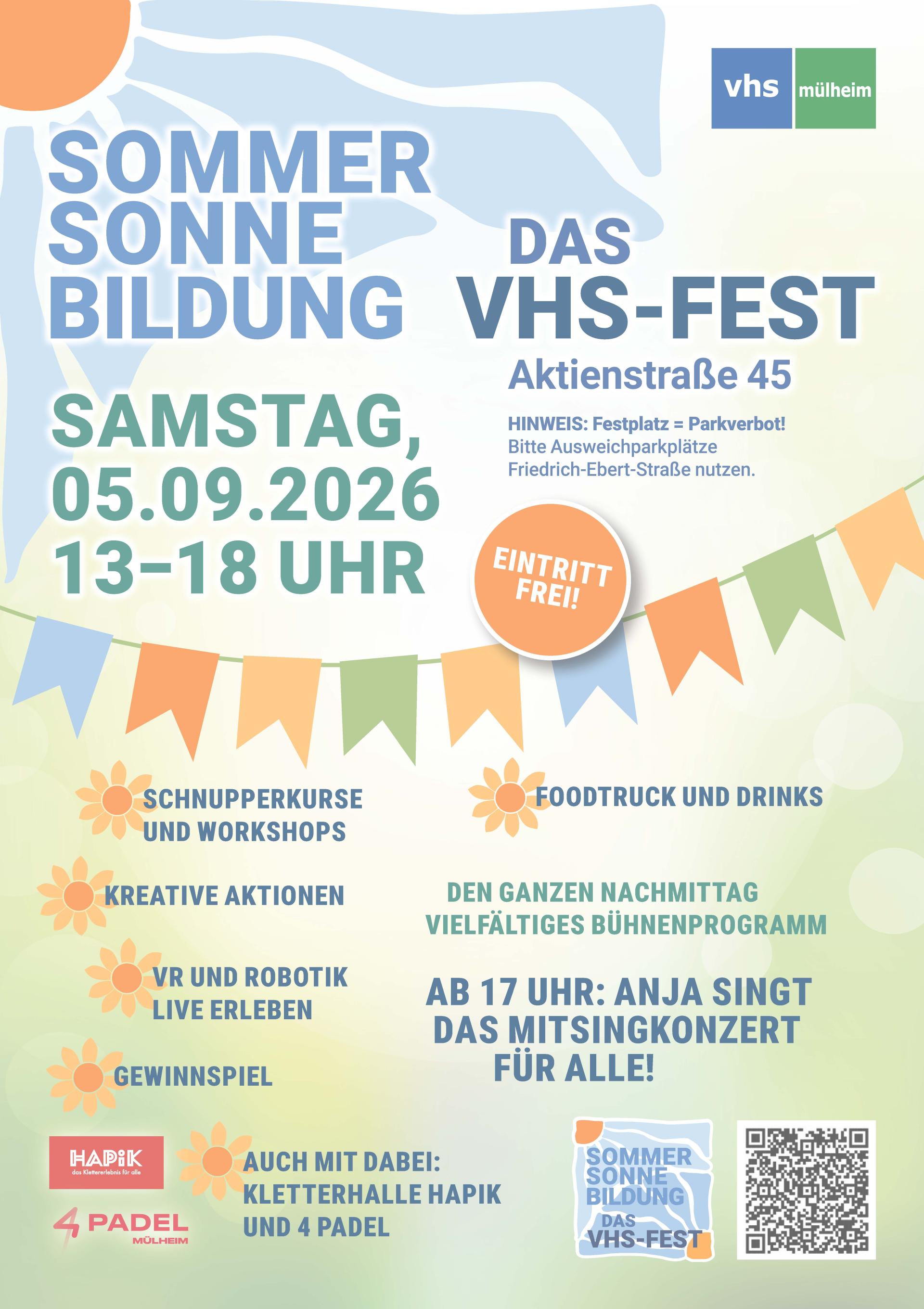 Plakat VHS-Sommerfest mit Hinweis auf verschiedene Aktionen