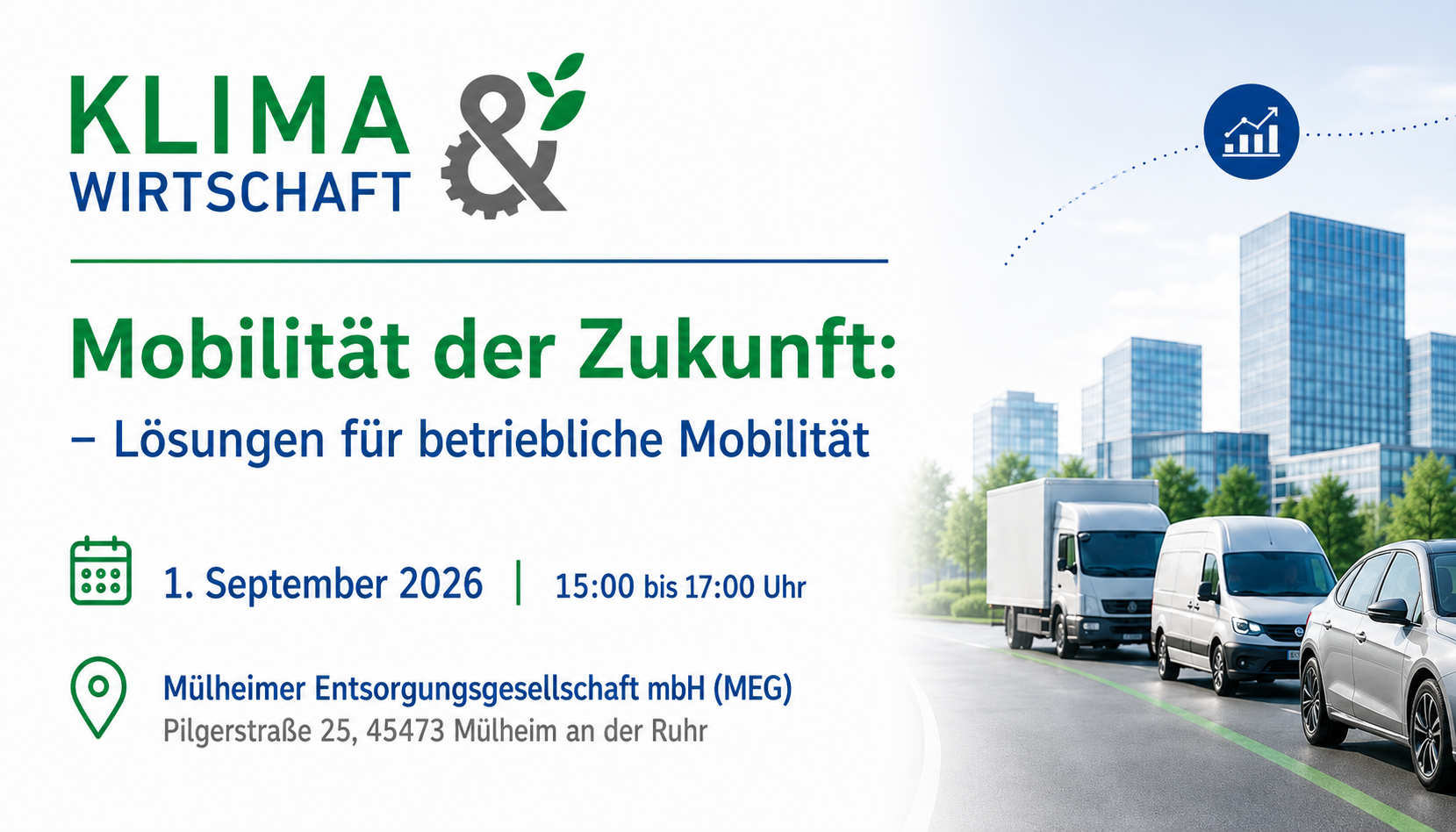 Auf dem Bild sieht man einen E-Fuhrpark und einen Hinweis für eine Veranstaltung der Reihe "Klima & Wirtschaft" am 1. September 2026