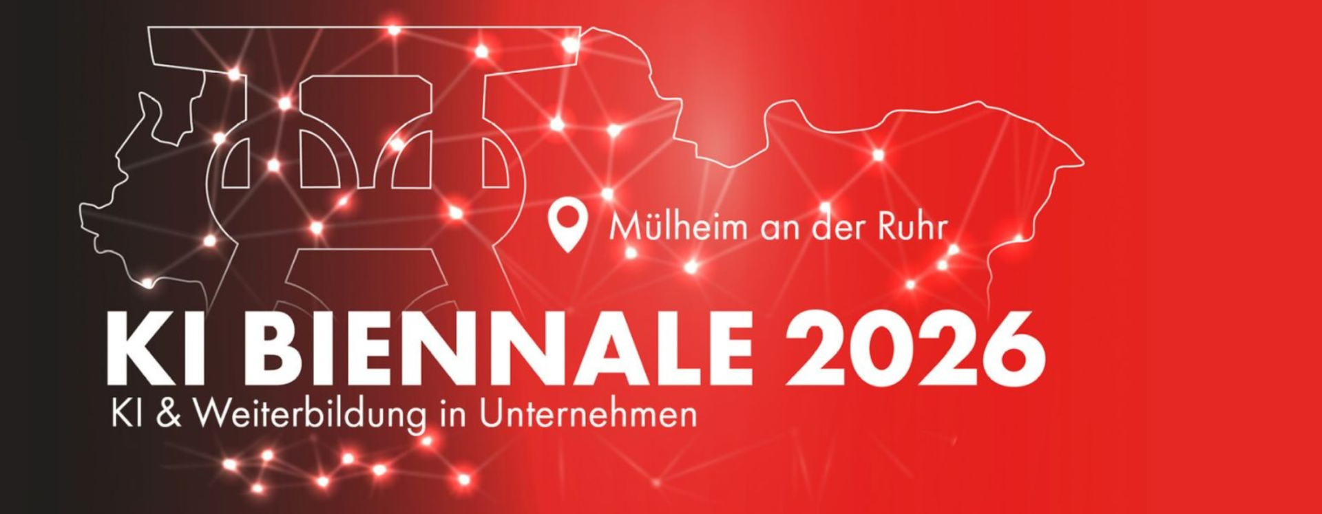 Auf dem Bild ist das Ruhrgebiet als Netzwerk dargestellt. Beworben wird die KI-Biennale, die 2026 in zehn Städten stattfindet unter anderem in Mülheim an der Ruhr