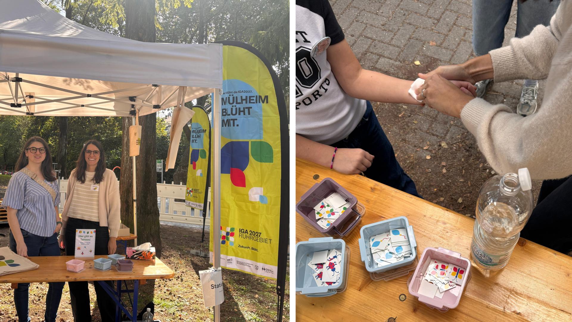 Das Bild zeigt zwei Fotos, es ist der Stand des Quartiersbüros bei der Eröffnung des Spielplatzes zu sehen. Das zweite Foto zeigt, wie ein Klebetattoo aufgeklebt wird
