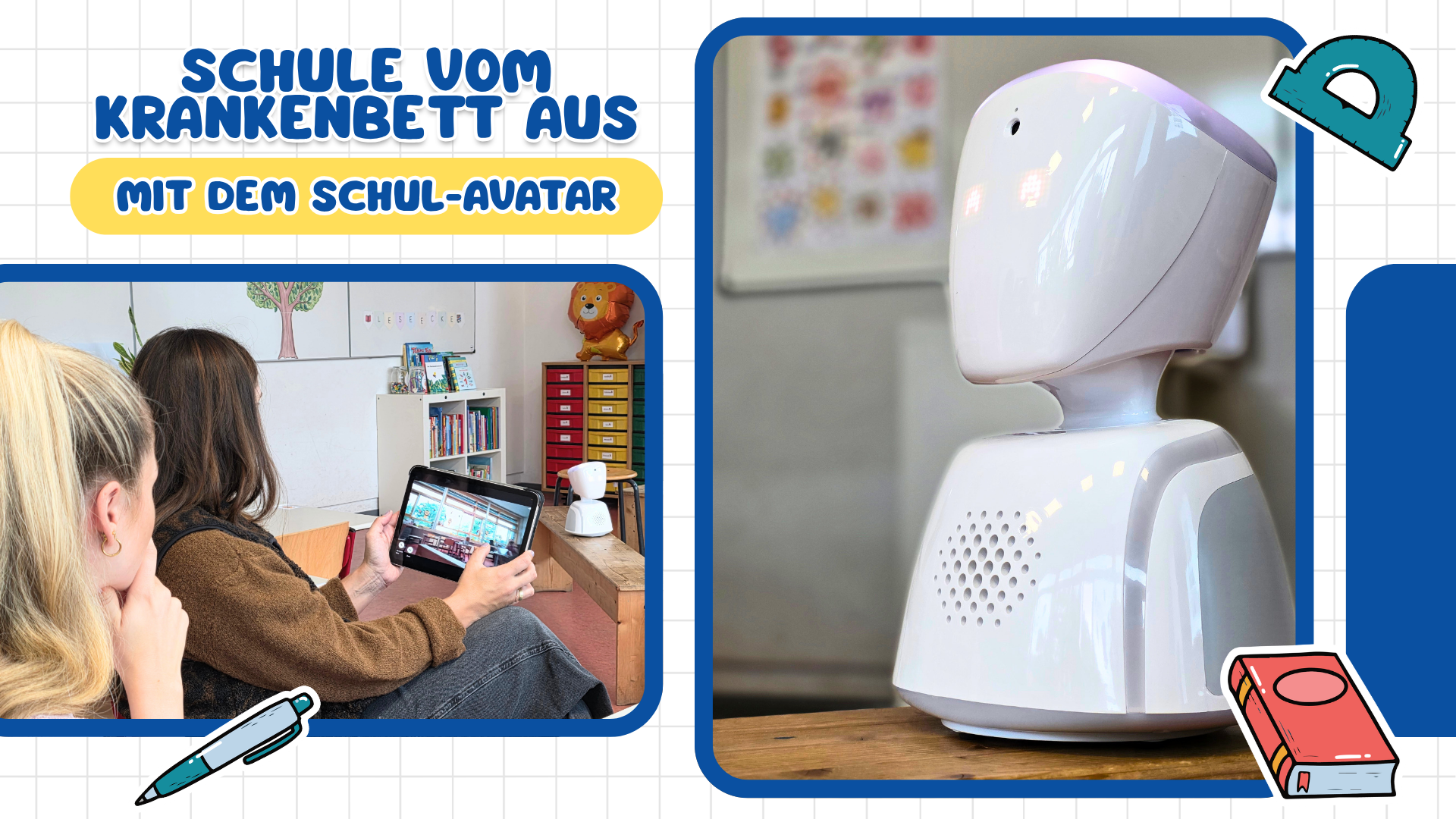 Zwei Lehrkräfte sitzen mit einem Tablet und steuern den AV1-Telepräsenzroboter. Großaufnahme der Roboter-Büste, dessen Augen leuchten.