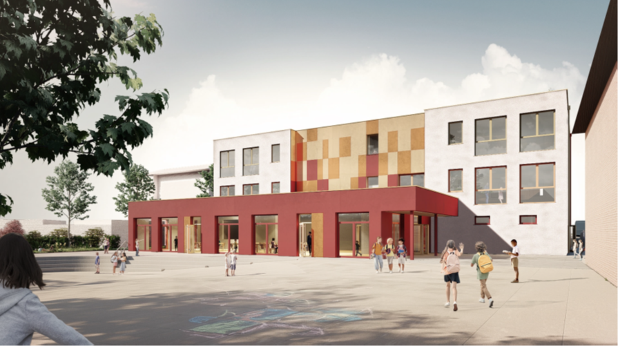 Perspektive des Erweiterungsbaus der Gemeinschaftsgrundschule Steigerweg 