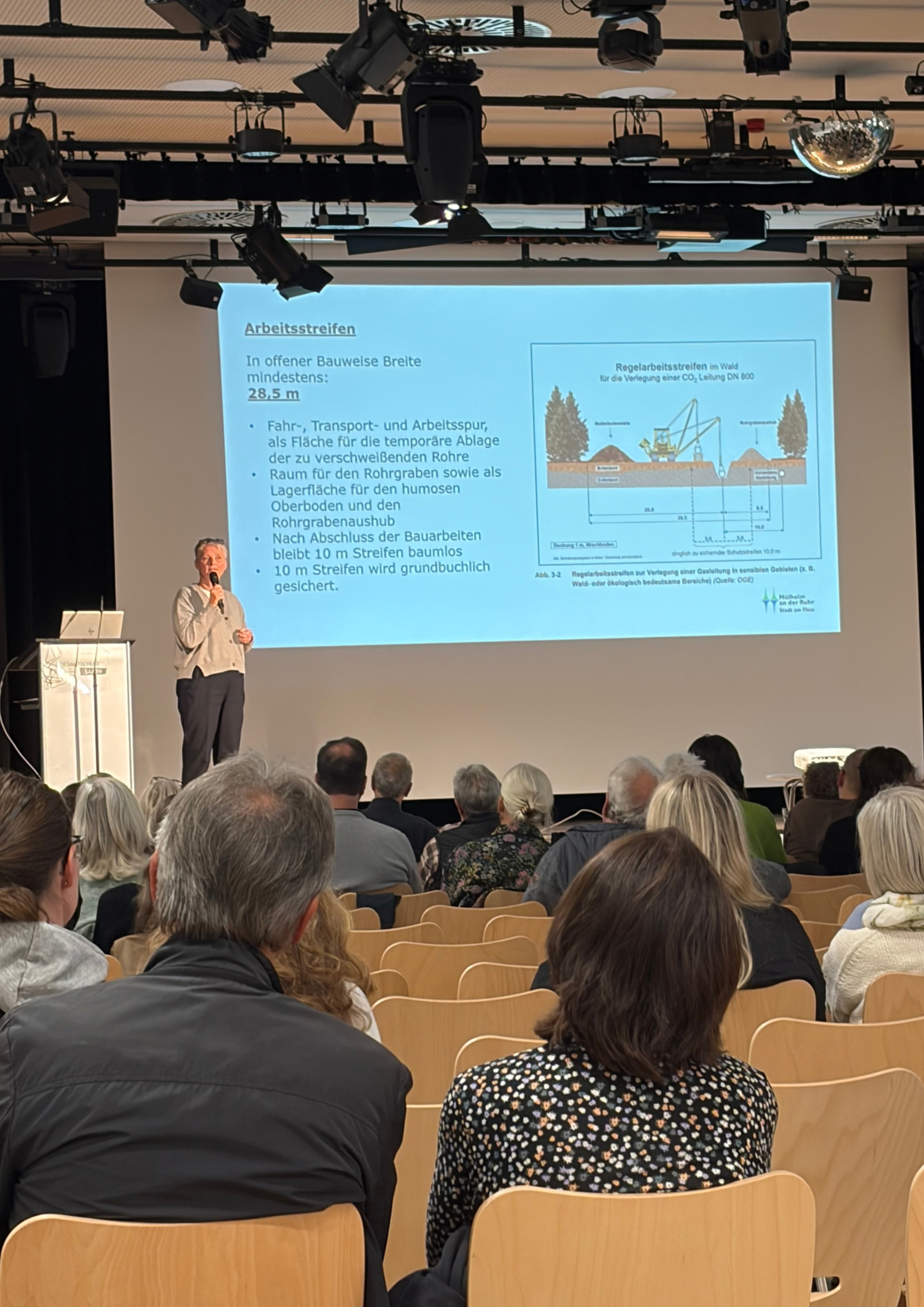 Blick von hinten über das Publikum einer Informationsveranstaltung auf die Bühne. Dort erklärt eine Dame eine Darstellung, die per Beamer auf eine Leinwand geworfen wird.