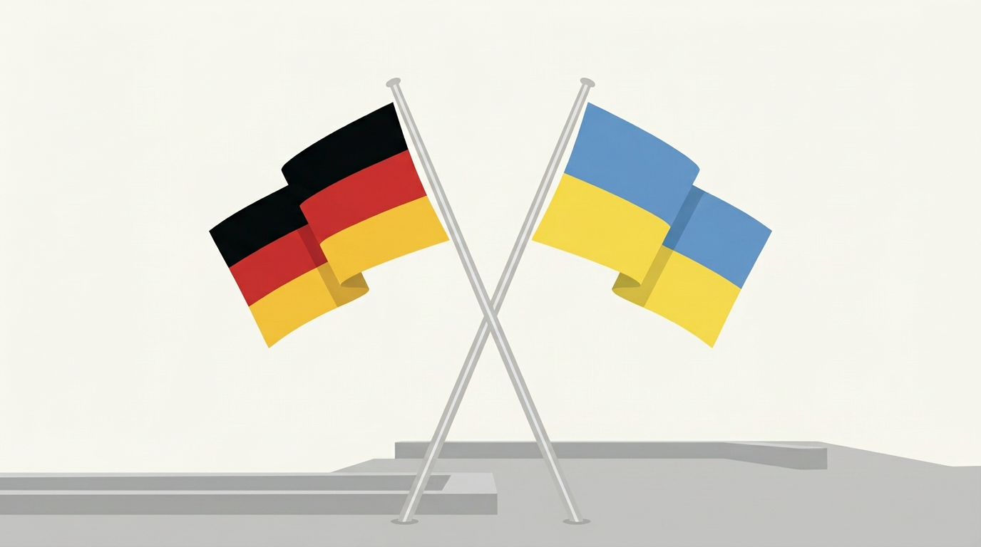 Zwei gekreuzte Fahne: links die deutsche Flagge in Schwarz-Rot-Gold, rechts die ukrainische Flagge in Blau-Gelb.